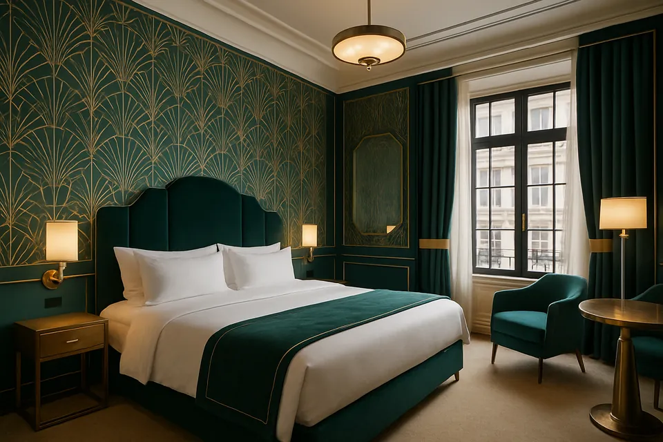 A polished suite interior with Art Deco styling